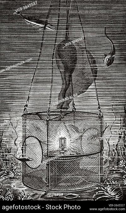 Regnard device to illuminate the seafloor. Old 19th century engraved illustration from La Nature 1888