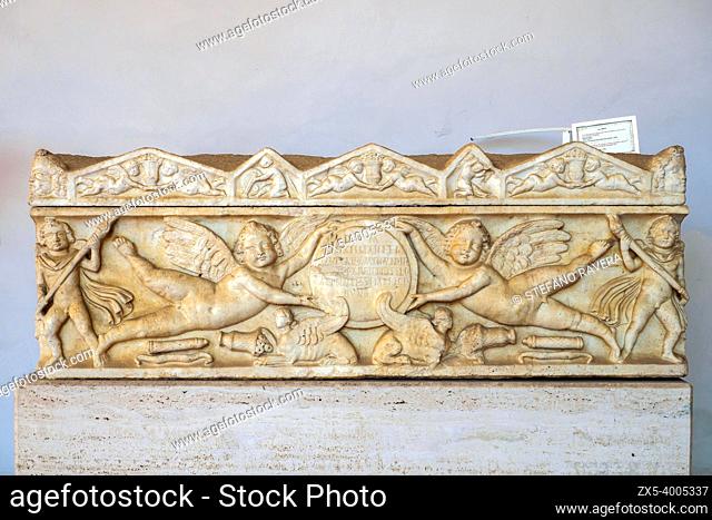 Sarcophagus made by the parents of Flavia Sextiliae, who died at the age of ten years, six months and three days. White marble