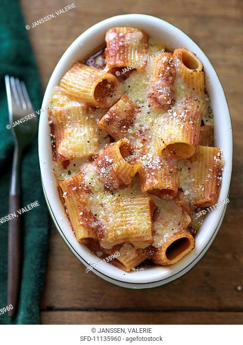 Baked Rigatoni in an Baking Dish, From Above