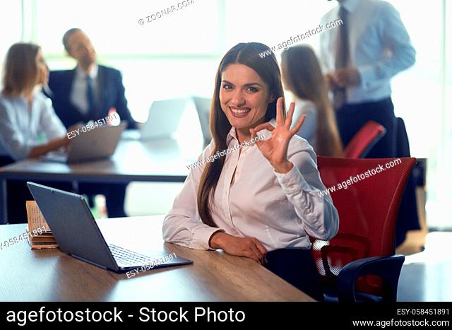 Smiling woman sitting in front of laptop in office. Showing OK. Did good job. Business concept