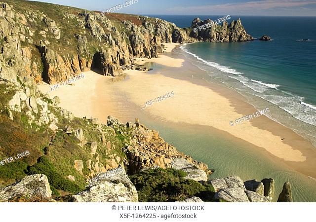 Pendnvounder Beach and Treen Cliffs with Logans Rock in the background, Cornwall