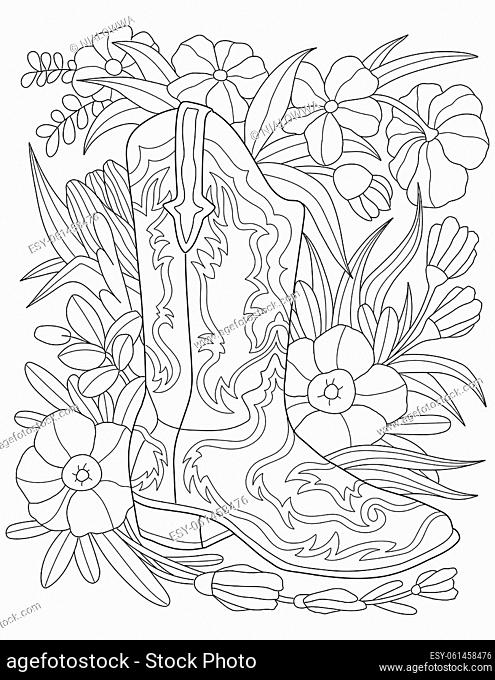 Single Boot Placed On A Flowery Background Colorless Line Drawing
