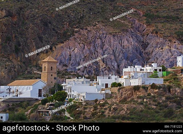 Mountain village Huebro with church, Andalusian village, white village, Nijar, Almeria, Andalusia, Spain, Europe