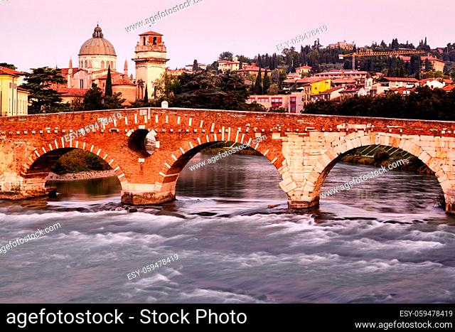 View of Adige River and Saint Peter Bridge in Verona, Veneto, Italy