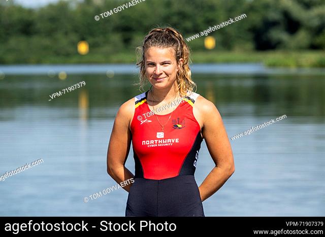 U23 Belgian Shark rower Mazarine Guilbert poses for the photographer at a press conference organized by the Vlaamse Roeiliga and Peddelsport Vlaanderen
