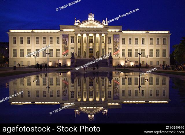 Hungary, Szeged, Ferenc Móra Museum, fountain, night
