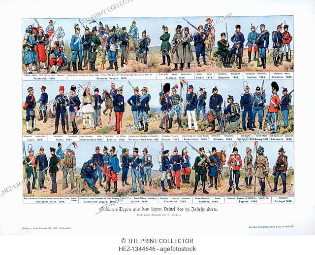 Types of soldiers from the end of the 19th century, 1900. Illustrations of uniforms from various different countries