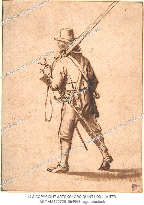 A Walking Musketeer, seen from behind, 17th century, Black chalk, brush and brown ink, brown wash, some spots of blue watercolor along the edges