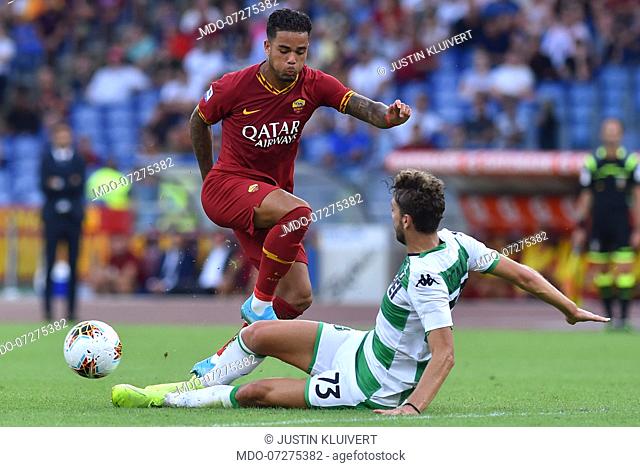 Roma football player Justin Kluivert and Sassuolo football player Manuel Locatelli during the match Roma-Sassuolo in the olimpic stadium