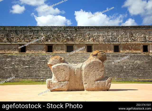 Two headed jaguar sculpture in front of The Governer's Palace-Palacio Del Gobernador at the Prehispanic Mayan Archaeological Site Uxmal in the Puuc Route