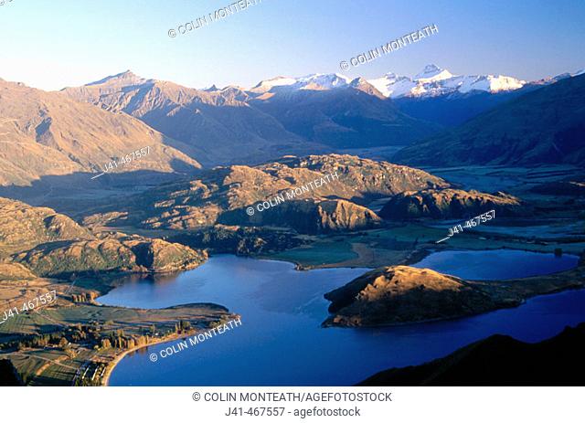 Glendu Bay from Mt. Roy. Mt. Aspiring behind. Above Lake Wanaka, central Otago. New Zealand