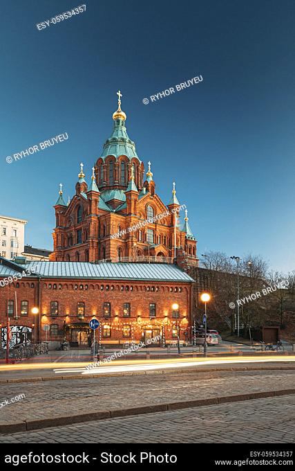 Helsinki, Finland. Uspenski Cathedral In Evening Illuminations Lights. Eastern Orthodox Cathedral Dedicated To Dormition Of The Theotokos - Virgin Mary