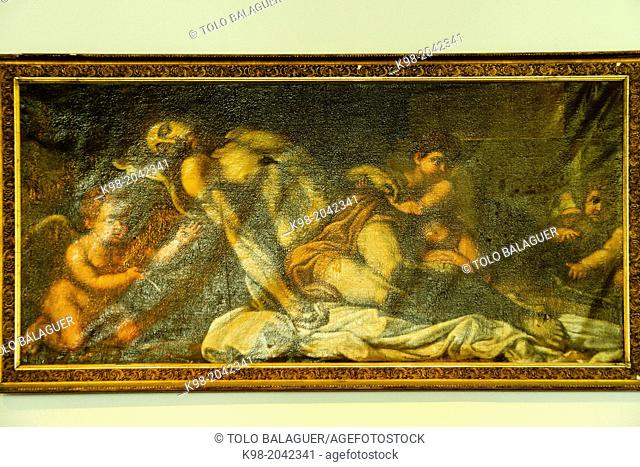 Dead Christ surrounded by angels (1670) painting by Nunes Francisco Varela, chapter room, Church of St Francis, Evora, Alentejo, Portugal, Europe