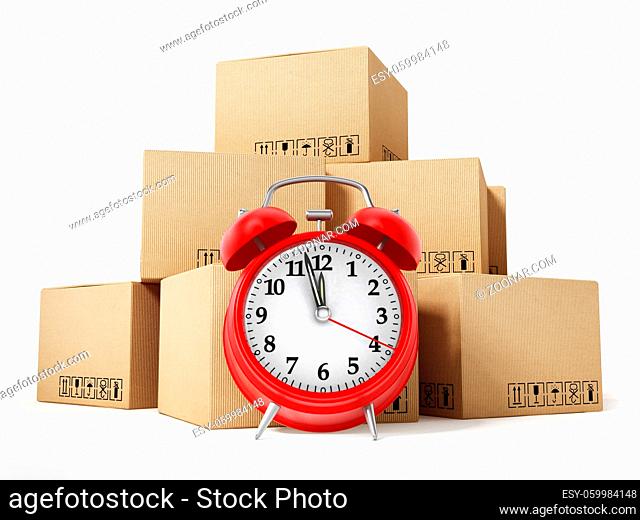 Cargo boxes and alarm clock isolated on white background. 3D illustration