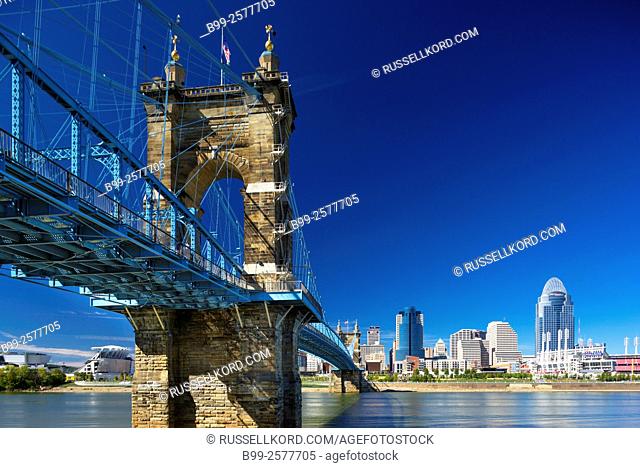Roebling Suspension Bridge Ohio River Downtown Skyline Cincinnati Ohio Usa