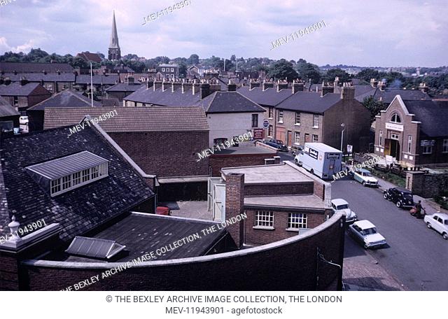 Photograph taken from the upper floor or roof of White Hart public house looking up Bexley Road across the roof of the Post Office