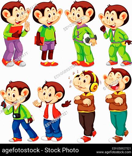 Cute monkey in different costumes on white background illustration