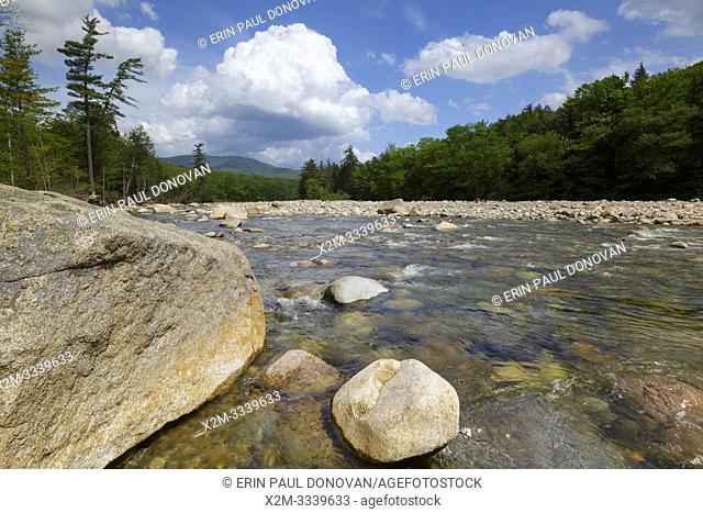 East Branch of the Pemigewasset River in Lincoln, New Hampshire on a cloudy spring day. This river begins deep in the Pemigewasset Wilderness in the area known...