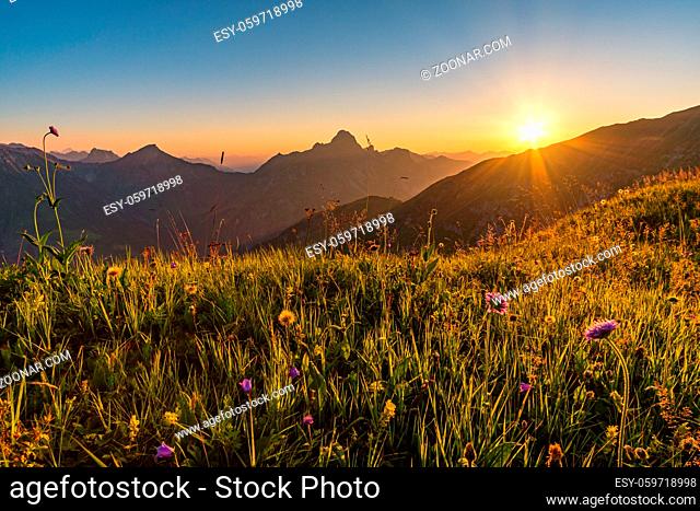 Fantastic sunset tour on the beautiful panoramic mountain Hoferspitze near Schrocken in the Allgau Alps, Kleinwalsertal