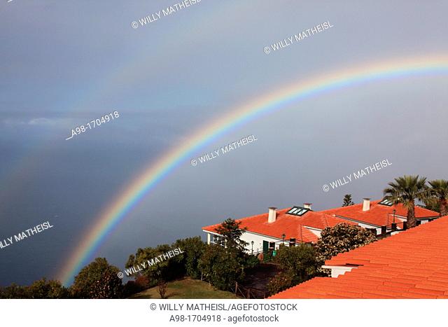 double rainbow above the Atlantic Ocean at the resort Jardim Atlantico, Prazeres, Madeira, Portugal, Europe