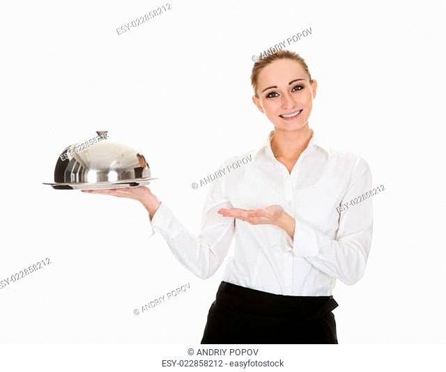 Young Waitress Holding Tray And Lid