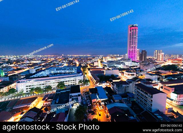 Butterworth, Penang, Malaysia - Sep 21 2017: KOMTAR in purple LED lighting in blue hour
