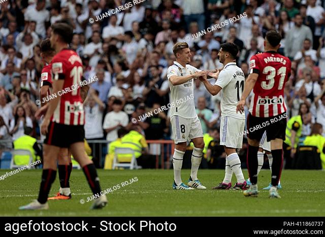 Madrid, Spain; 4.06.2023.- Asensio and Toni Kroos Karim Benzema says goodbye to Real Madrid playing and scoring a goal against Athletic Club at the end of the...