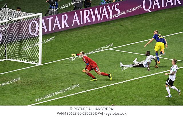 23 June 2018, Sochi, Russia - Soccer World Cup, Germany vs Sweden, Group Stage, Group F, 2nd matchday, Sochi Stadium: Ola Toivonen of Sweden scores 1-0 against...