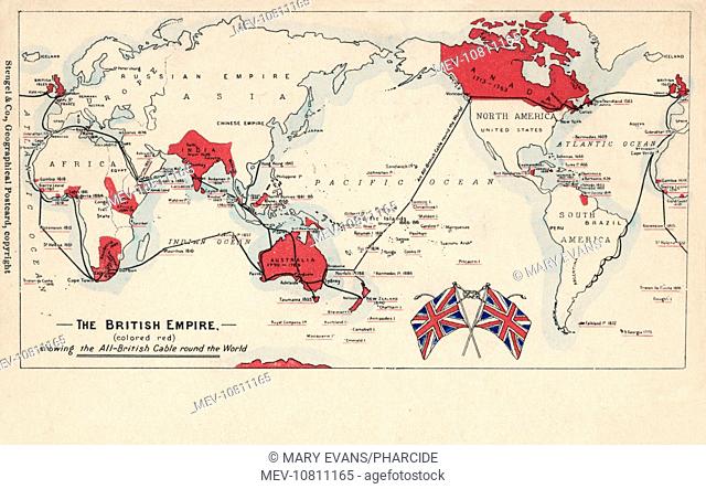 Map of the British Empire (coloured red), showing the All-British international cable going round the world, enabling telegraphic communication