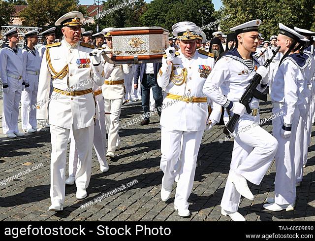 RUSSIA, ST PETERSBURG - JULY 17, 2023: Sailors carry a reliquary containing the relics of Adm Fyodor Ushakov (1745-1817) of the Imperial Russian Navy as they...