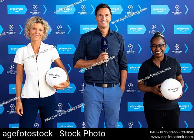 27 July 2021, Bavaria, Munich: Annika Zimmermann (l-r), host and reporter, Sebastian Hellmann, host, and Shary Reeves, host and reporter