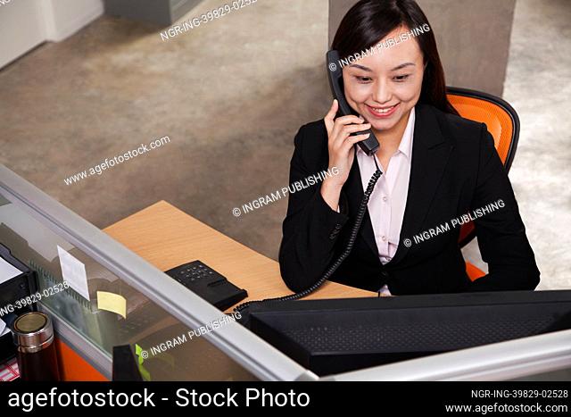 Mid adult businesswoman on the phone in the office