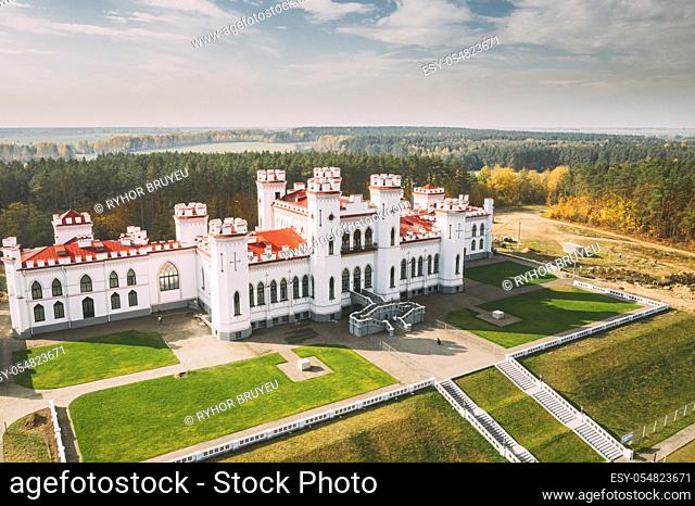Kosava, Belarus. Aerial Bird's-eye View Of Famous Popular Historic Landmark Kosava Castle. Puslowski Palace Castle. Landmark And Heritage