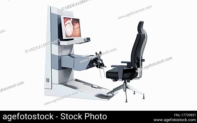 Illustration of the control unit (cockpit) of a surgical robot for use in laparoscopic procedures. The surgeon controls the camera inside the patient's abdomen...