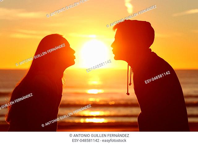 Side view of a couple silhouette of teenagers kissing the sun with love at sunset on the beach with the horizon in the background