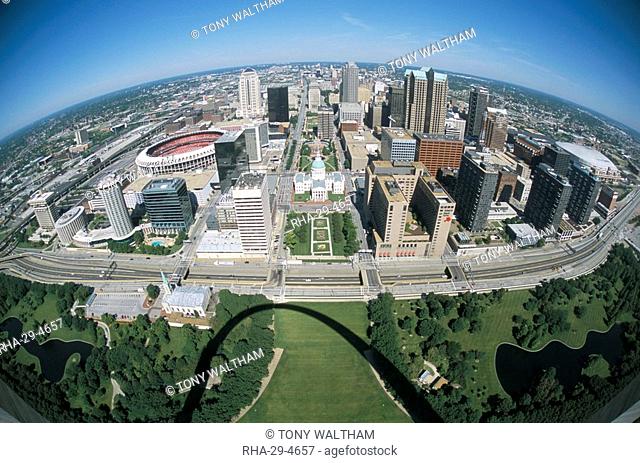 State capitol and downtown seen from Gateway Arch, which casts a shadow, St. Louis, Missouri, United States of America, North America
