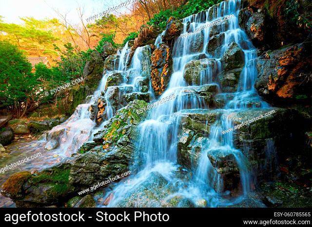 Small waterfall stream cascade. Seoul, South Korea