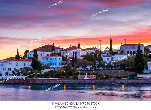 Evening view of Spetses village from the harbour pier, Greece.