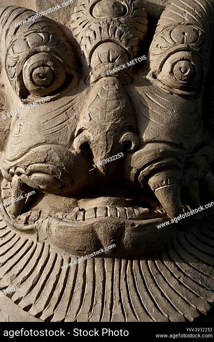 Sculpture representing a ""rakshasa"" ( demon) ( Kailasanatha temple at Kanchipuram, India)
