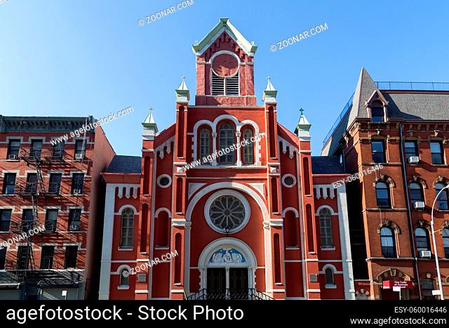 New York, United States of America - November 17, 2016: Red facade of the Church of Our Lady of Sorrows in Manhattan