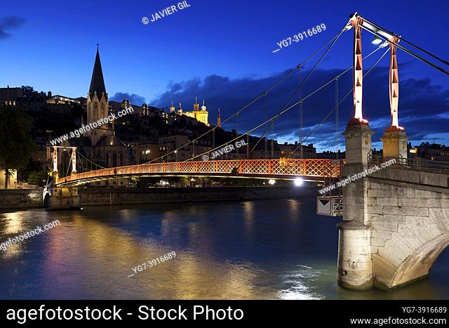Red footbridge over the Saone river, Lyon, France