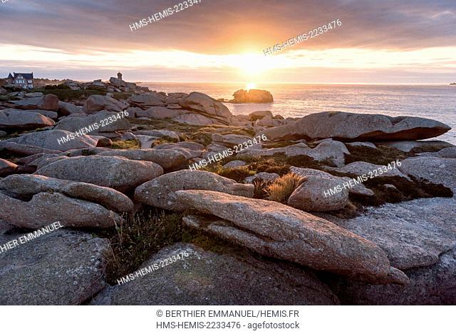 France, Cotes d'Armor, Cote de Granit Rose (Pink Granite Coast), Perros Guirec, Ploumanac'h, advanced Squewel and the lighthouse of Mean Ruz at sunset