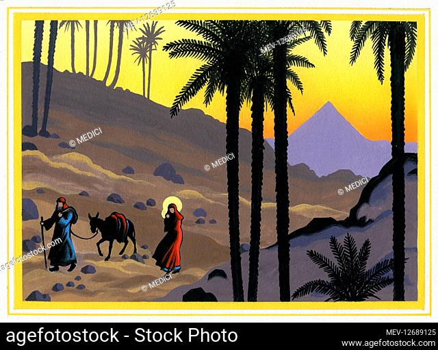 The Flight Into Egypt' - Holy Family with palm trees and pyramid