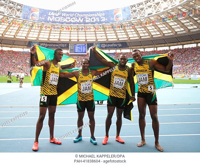(L-R) Kemar Bailey-Cole, Nesta Carter, Nickel Ashmeade and Usain Bolt of Jamaica celebrate after winning the Men's 4x100m Relay Final at the 14th IAAF World...