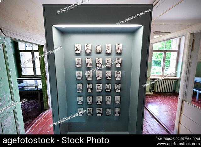 24 June 2020, Brandenburg, Potsdam: Photos of prisoners from the years 1947 to 1953 in the exhibition area of the Leistikowstraße Memorial and Meeting Place
