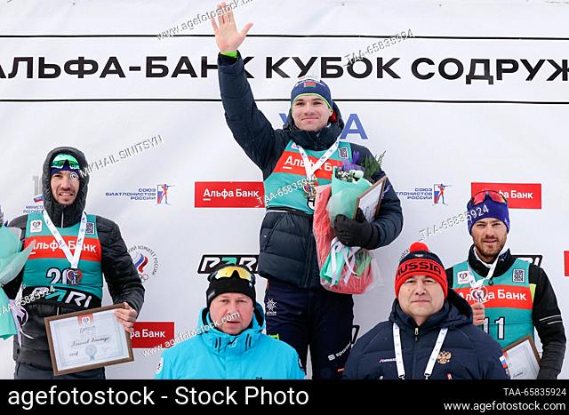 RUSSIA, UFA - DECEMBER 17, 2023: Silver medalist Alexander Loginov of Russia, gold medalist Dmitry Lazovsky of Belarus, and bronze medalist Anton Babikov (L-R...