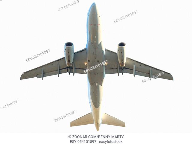 passenger commercial jet plane isolated on white background. from below bottom view