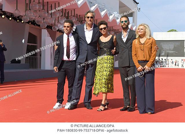 29.08.2018, Italy, Venice: The screenwriter Alessio Cremonini (l-r) and the actors Max Tortora, Jasmine Trinca, Alessandro Borghi and Milvia Marigliano can be...