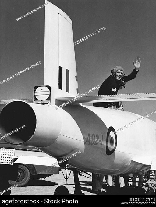 Ground-crew filling the tank of an Australian-made jindivik pilotless, jet, radio-controlled target aircraft with fuel before the Jindvik took off on a test...