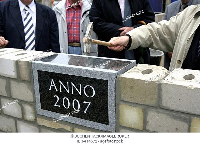 DEU, Germany, Essen : Foundation stone. Building of a house, construction site of private houses